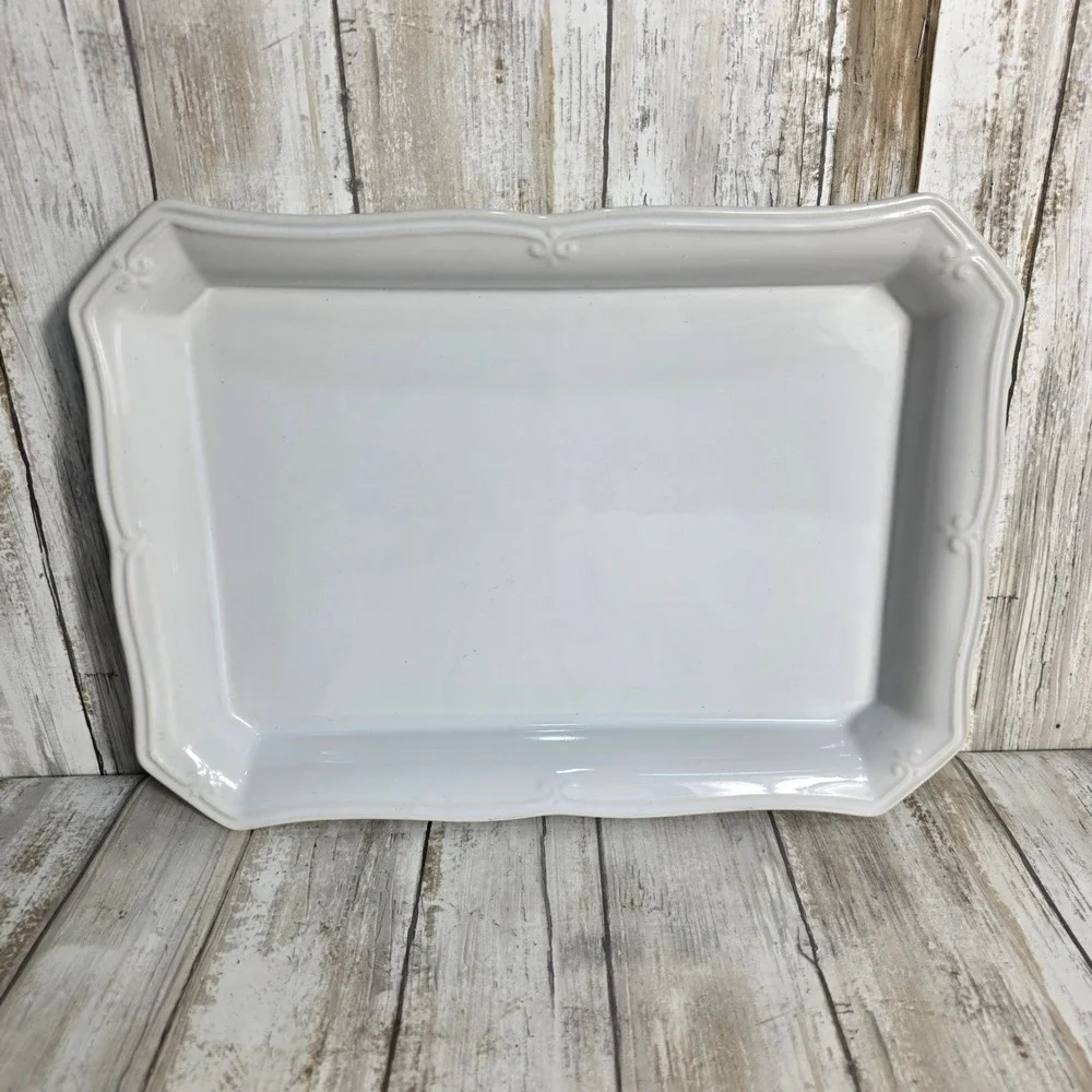 Worldwide Home Products White Ceramic Rectangular Serving Platter Scroll Border